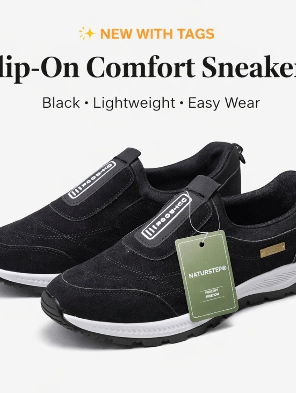 New NaturStep Slip-On Comfort Sneakers – Black | Lightweight Casual Walking Shoe